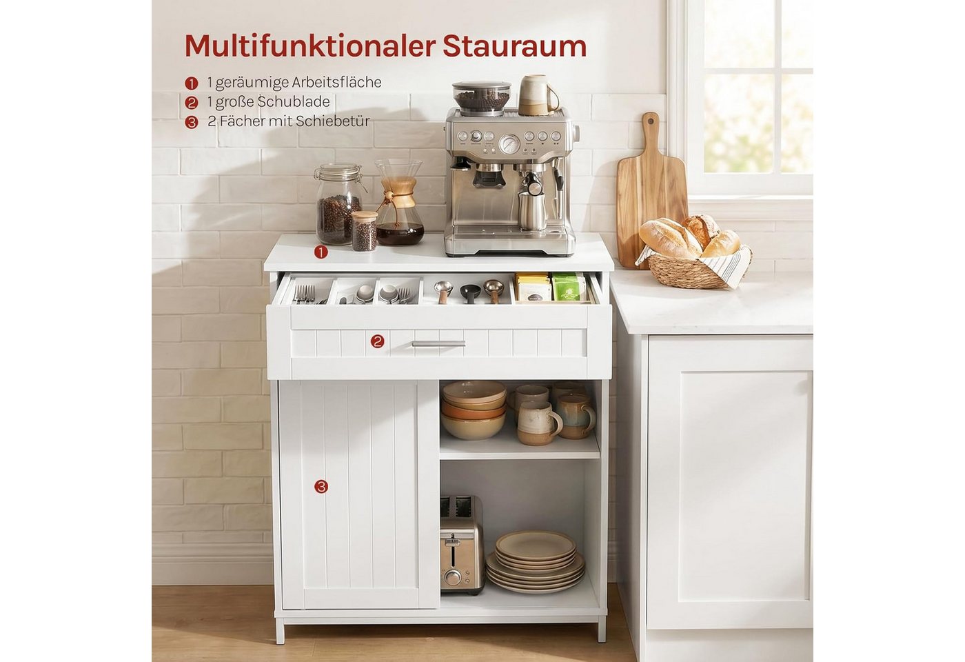 Woltu Sideboard, Küchenschrank mit Arbeitsplatte Schiebetür und verstellbare Ablage Bild 4