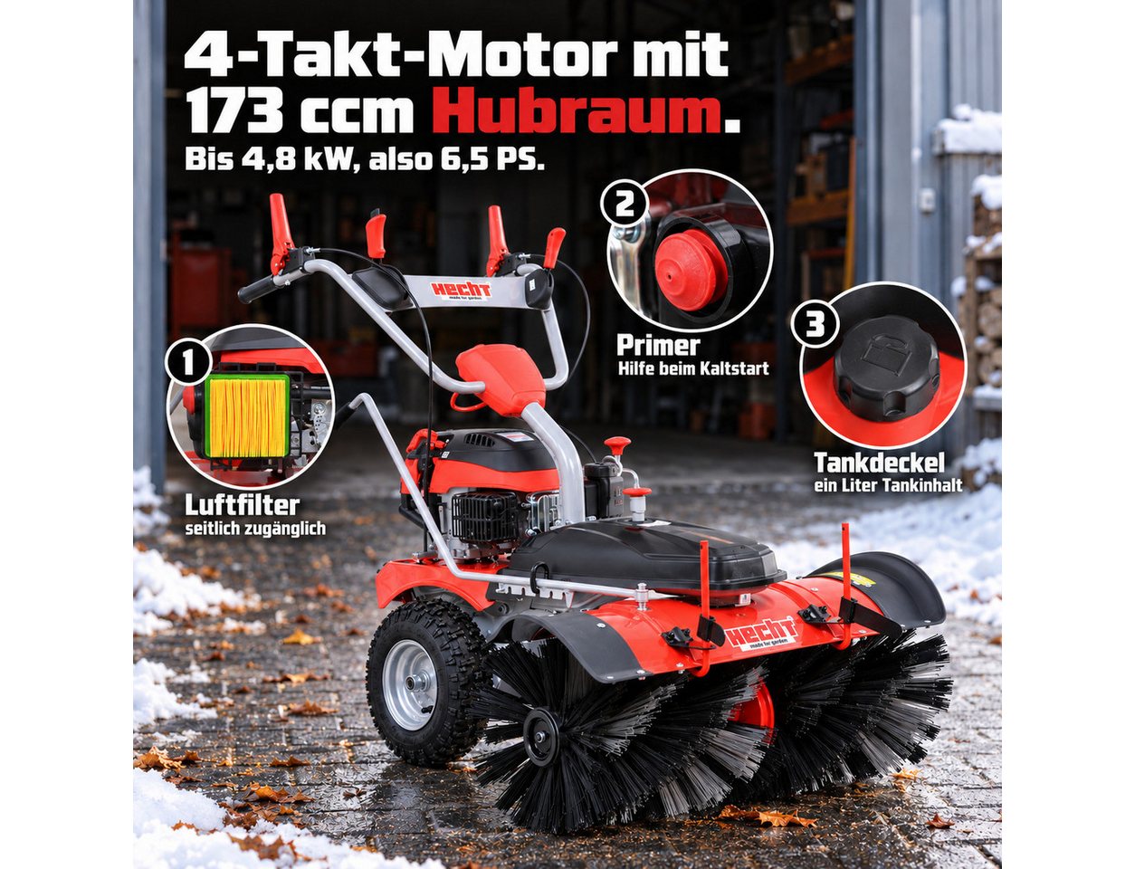 Hecht Benzin-Kehrmaschine 8101 S mit Schneeschild, 100,00 cm Arbeitsbreite, (2-tlg), 6,5 PS, Elektrostart, Schneeketten