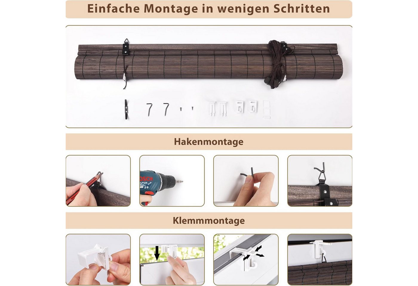 Rollo Bambusrollo Klemmfix, 90 x 220 cm, natur, Victoria M., verdunkelnd, ohne Bohren, freihängend, Klemmfix, Klemmfix, Bambus Bild 4