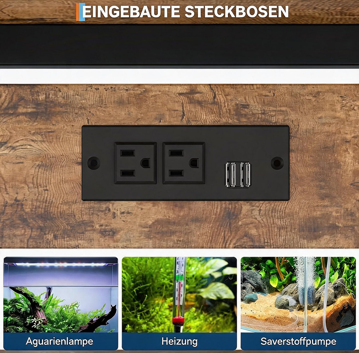 GarveeMore Aquariumunterschrank Steckdosen, Metall-Holz, 300 kg Tragkraft, 93 cm × 48 cm × 78 cm