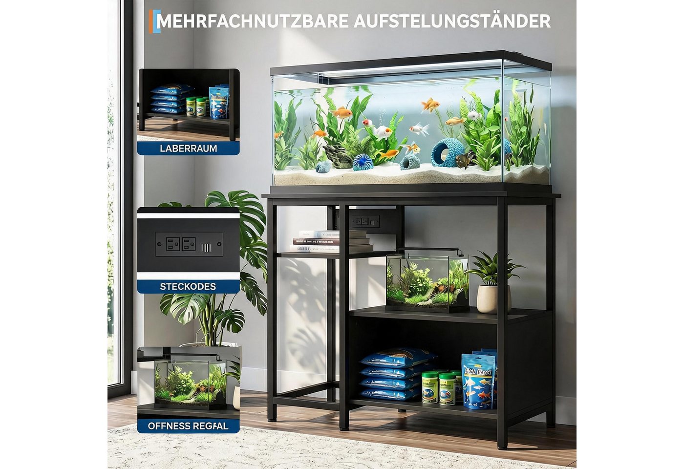 GarveeMore Aquariumunterschrank Steckdosen, Metall-Holz, 300 kg Tragkraft, 93 cm × 48 cm × 78 cm Bild 3