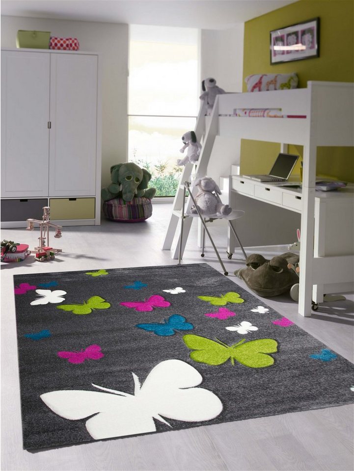 TeppichHome24 Kinderteppich Kinderteppich Schmetterlinge in Grau Pink Türkis Grün, rechteckig, Höhe: 13 mm Bild 2