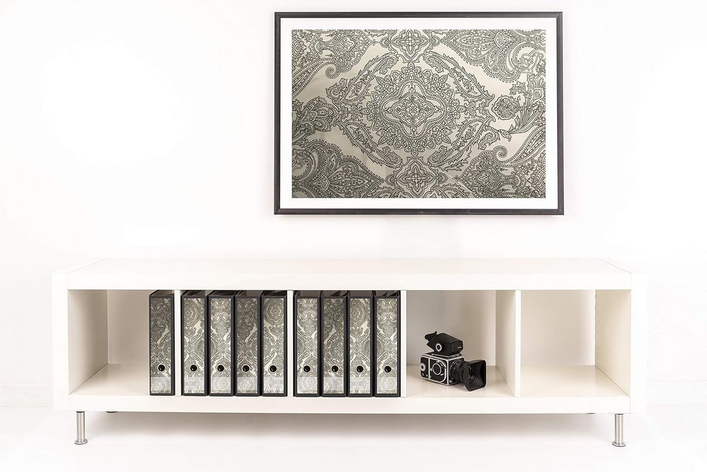codiarts.® Aktenordner Rücken Sticker für 9 breite Ordner - Motiv: Ornamente Grau & Beige, zum Beschriften