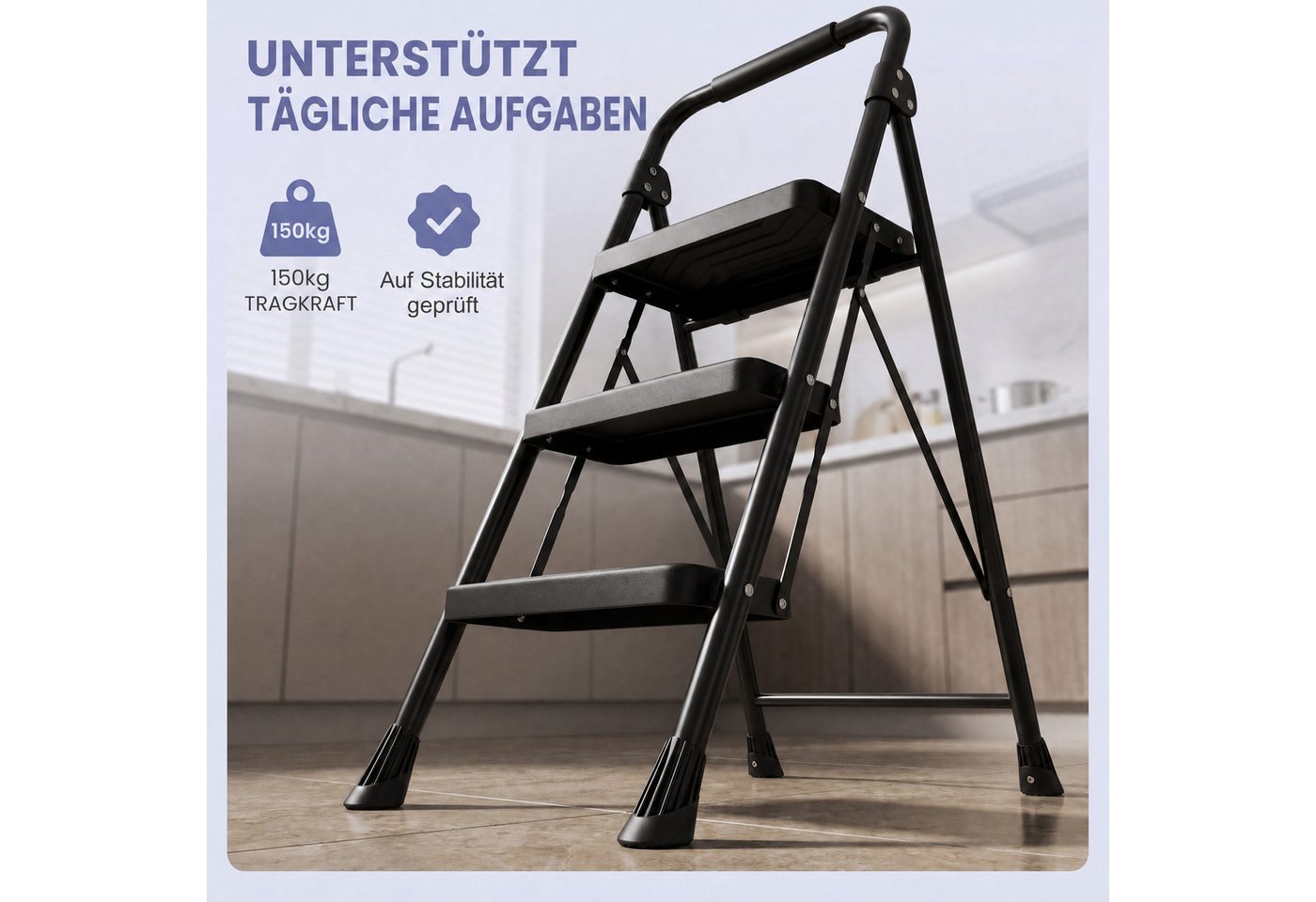 SONGMICS Trittleiter Klapptritt aus Stahl Klappbar mit Handlauf, 3 Stufen 150 kg Stahlleiter für Haushalt, Rutschfest Bild 5