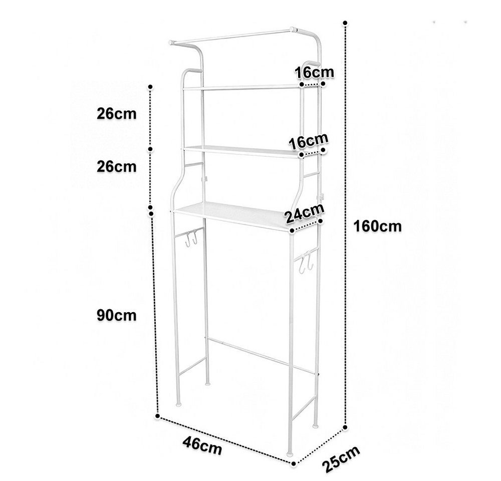 JEOBEST Badregal Toilettenregal mit 3 Ablagen, Platzsparend mit Haken 47 x 25 x 160 cm, 1-tlg., Toilettenregal, Badezimmerregal, Handtuchhalter