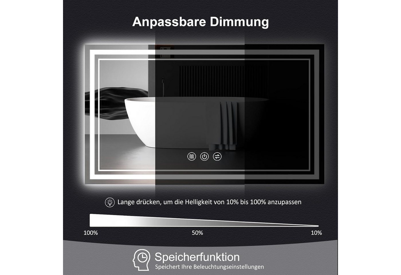 JDONG Badspiegel mit Beleuchtung Rechteckig Led Badspiegel Mit Touch Schalter (Speicherfunktion, Dimmbar, 3 Lichtfarbe Einstellbare Spiegel Bad mit Beleuchtung, Vertikal, Horizontal Montage Wandspiegel, Beschlagfrei), Antibeschlag, Speicherfunktion, Dimmbar,Touch Schalter,Beschlagfrei