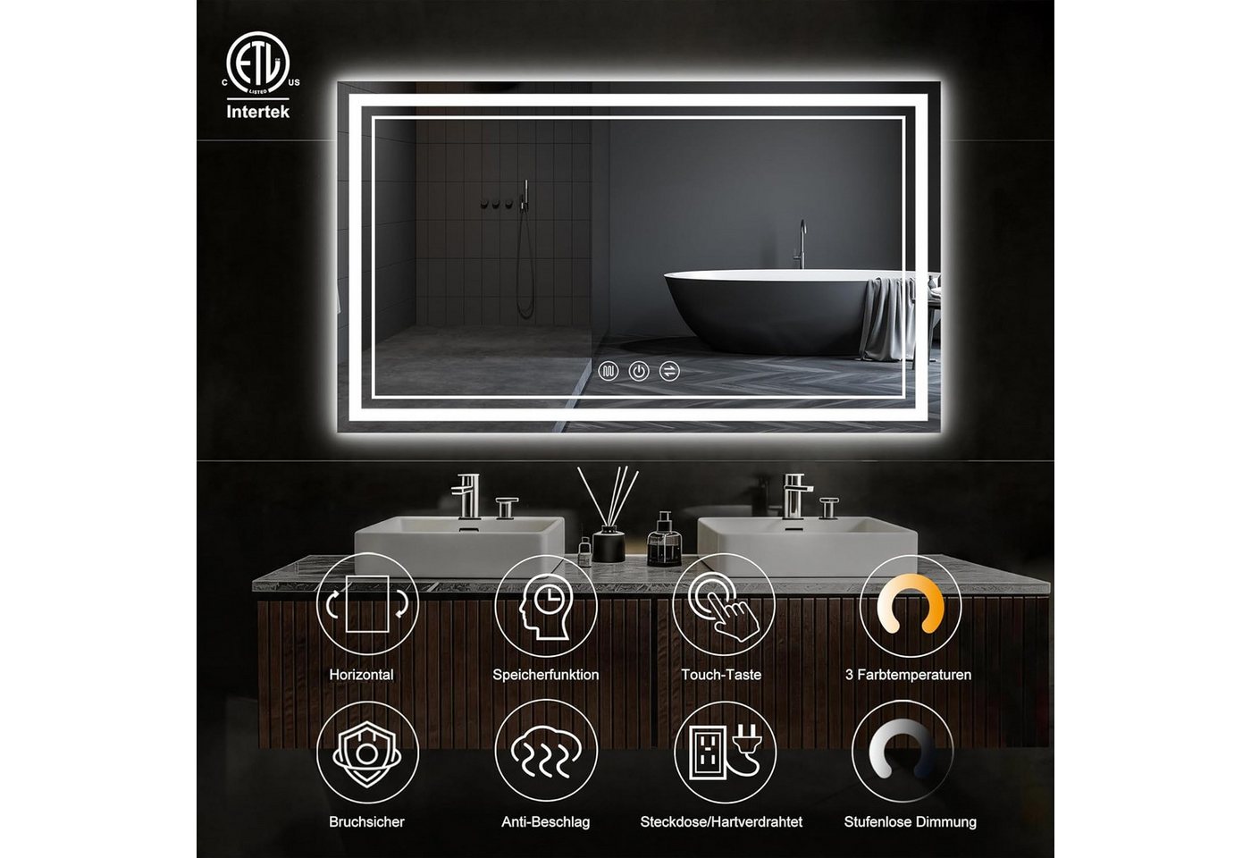 JDONG Badspiegel mit Beleuchtung Rechteckig Led Badspiegel Mit Touch Schalter (Speicherfunktion, Dimmbar, 3 Lichtfarbe Einstellbare Spiegel Bad mit Beleuchtung, Vertikal, Horizontal Montage Wandspiegel, Beschlagfrei), Antibeschlag, Speicherfunktion, Dimmbar,Touch Schalter,Beschlagfrei Bild 3
