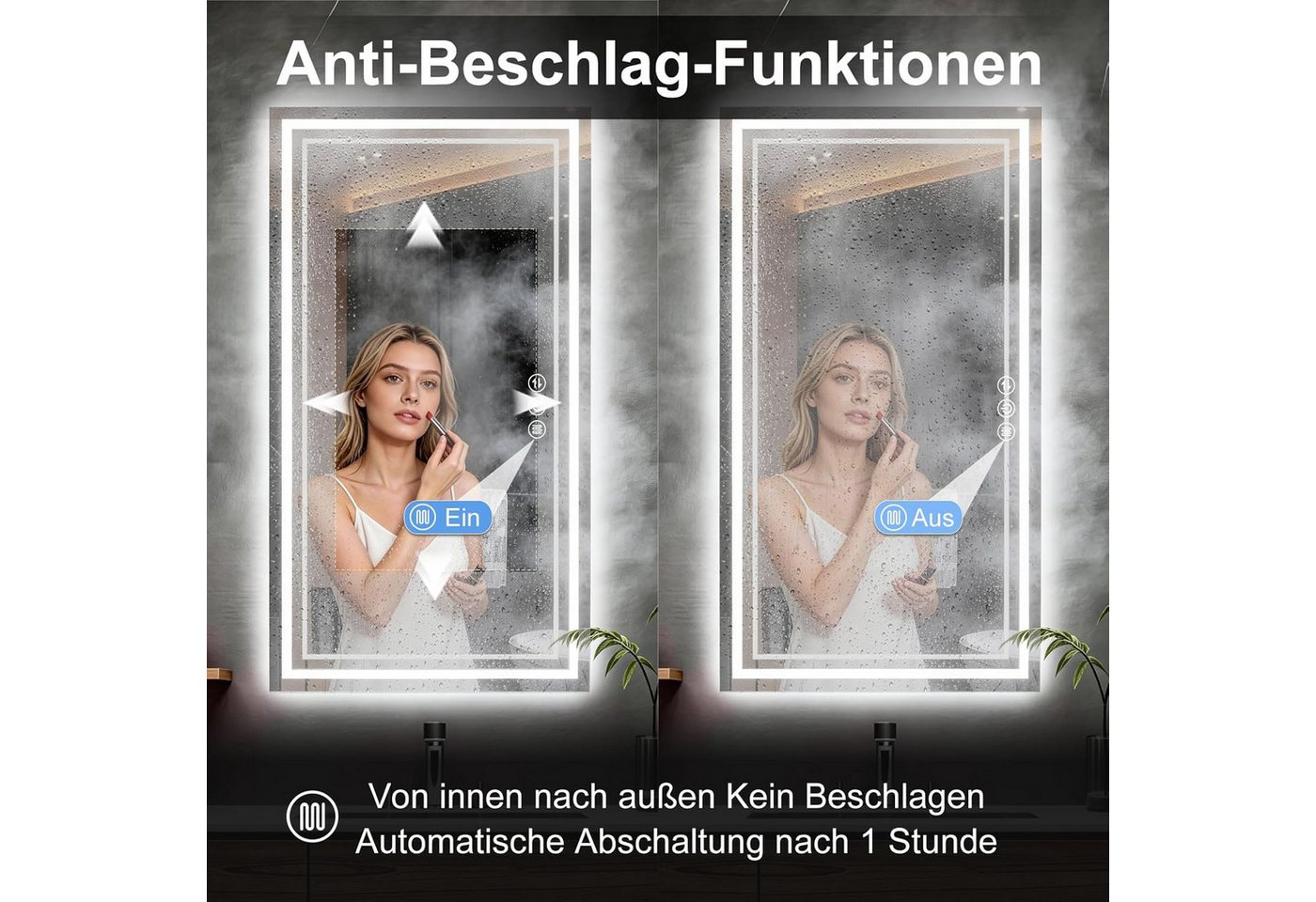 JDONG Badspiegel mit Beleuchtung Rechteckig Led Badspiegel Mit Touch Schalter (Speicherfunktion, Dimmbar, 3 Lichtfarbe Einstellbare Spiegel Bad mit Beleuchtung, Vertikal, Horizontal Montage Wandspiegel, Beschlagfrei), Antibeschlag, Speicherfunktion, Dimmbar,Touch Schalter,Beschlagfrei Bild 4