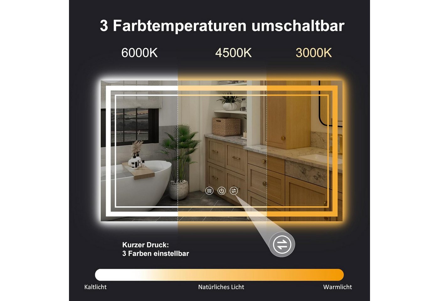JDONG Badspiegel mit Beleuchtung Rechteckig Led Badspiegel Mit Touch Schalter (Speicherfunktion, Dimmbar, 3 Lichtfarbe Einstellbare Spiegel Bad mit Beleuchtung, Vertikal, Horizontal Montage Wandspiegel, Beschlagfrei), Antibeschlag, Speicherfunktion, Dimmbar,Touch Schalter,Beschlagfrei Bild 5