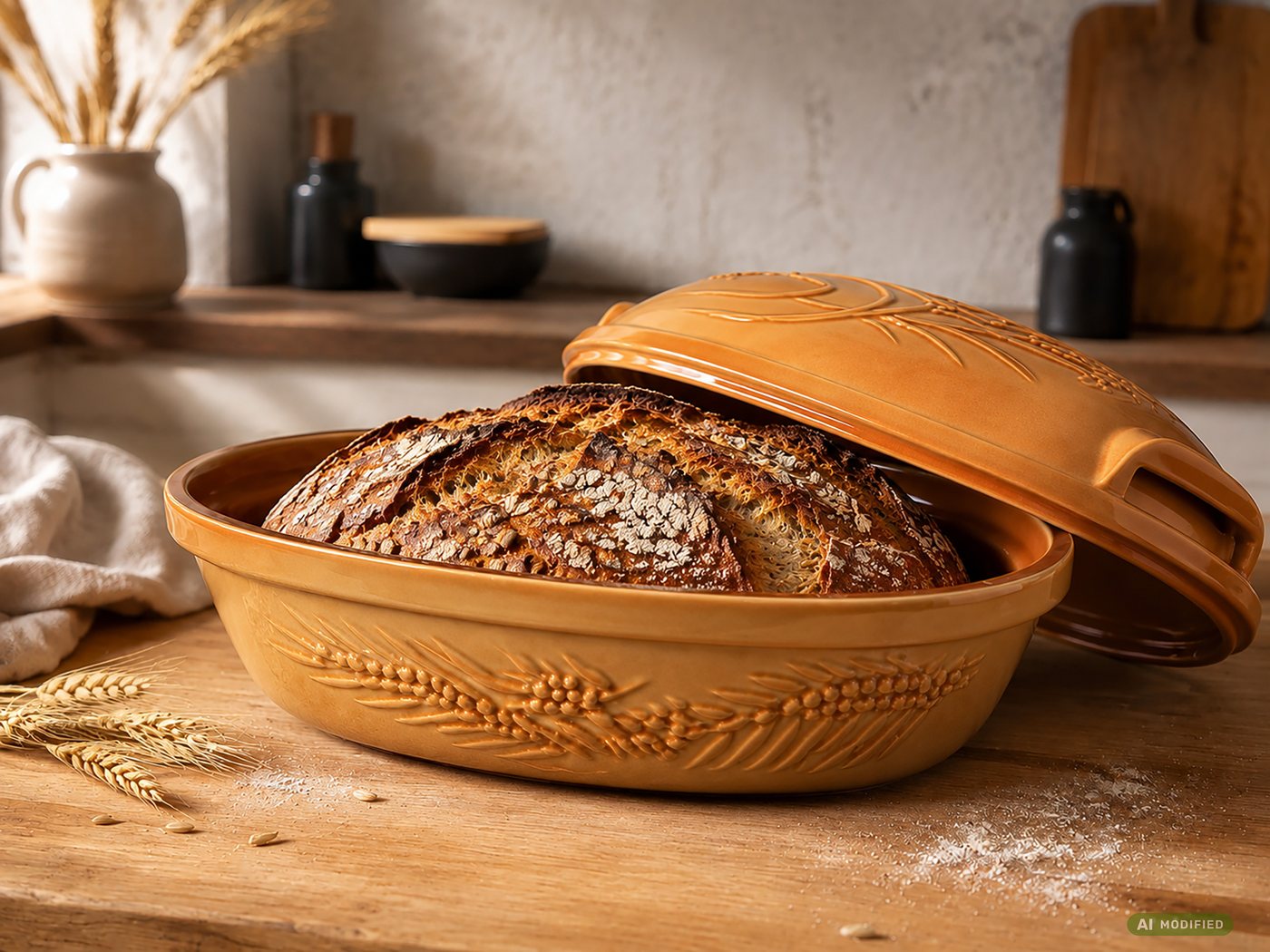 KERAZO Brotbackform 4,5L Keramik Bräter mit Deckel Brottopf Auflaufform 38x24x15 cm, braun, Mit dekorativem Getreidemuster auf Deckel und Unterteil Bild 2
