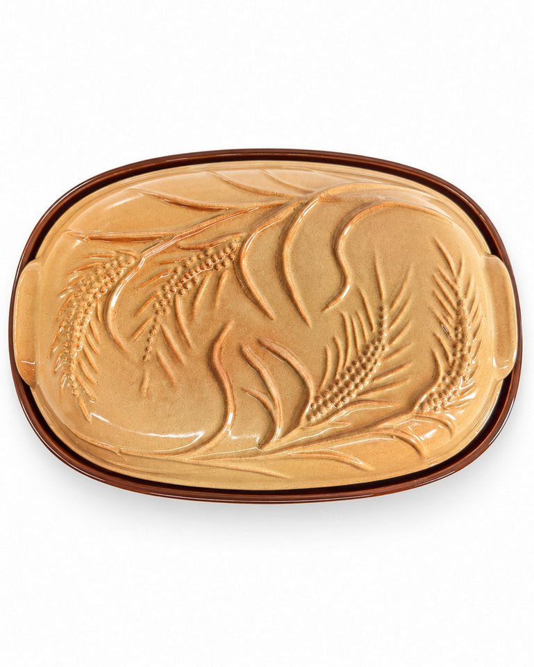 KERAZO Brotbackform 4,5L Keramik Bräter mit Deckel Brottopf Auflaufform 38x24x15 cm, braun, Mit dekorativem Getreidemuster auf Deckel und Unterteil Bild 3