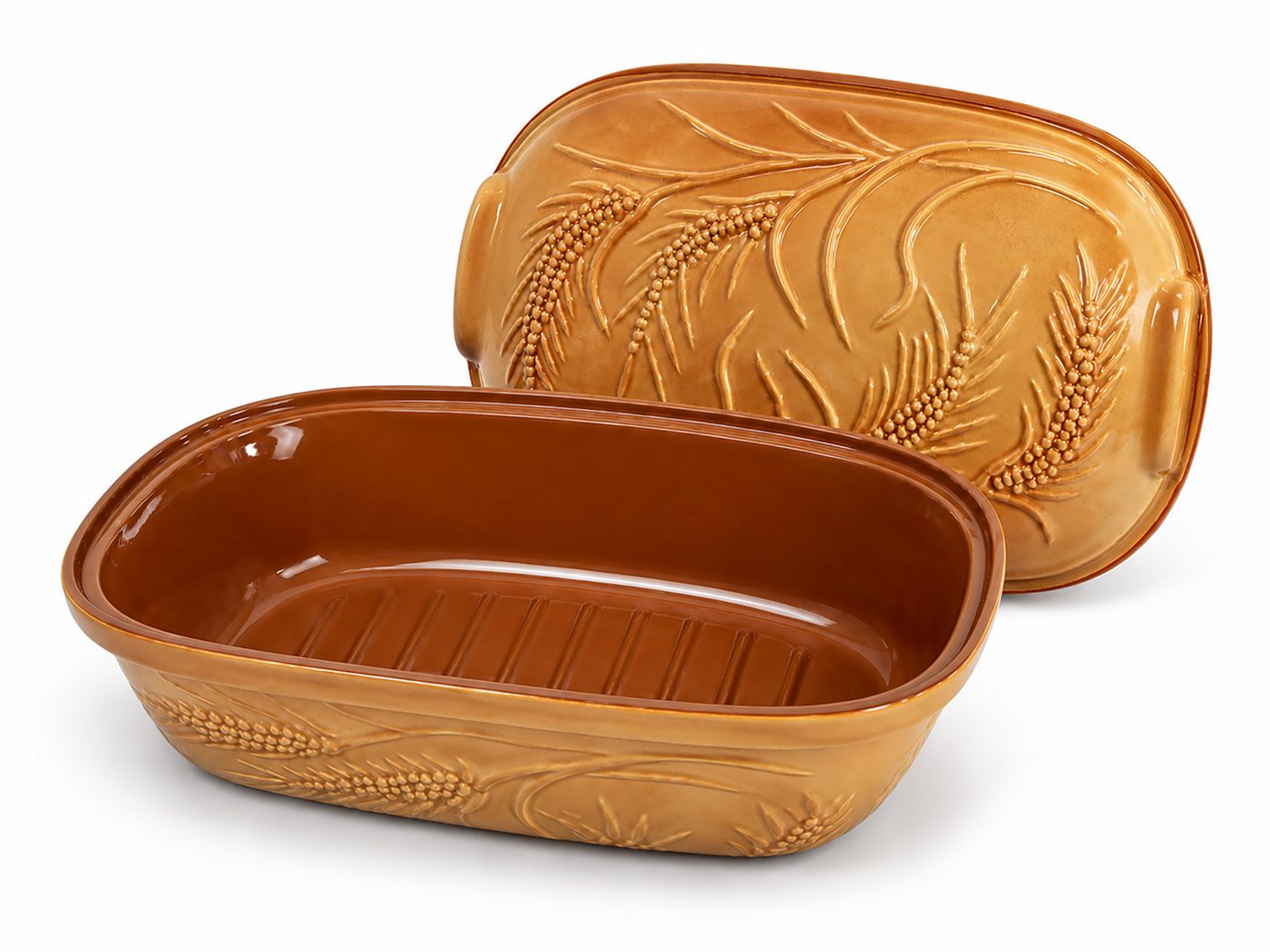 KERAZO Brotbackform 4,5L Keramik Bräter mit Deckel Brottopf Auflaufform 38x24x15 cm, braun, Mit dekorativem Getreidemuster auf Deckel und Unterteil Bild 4
