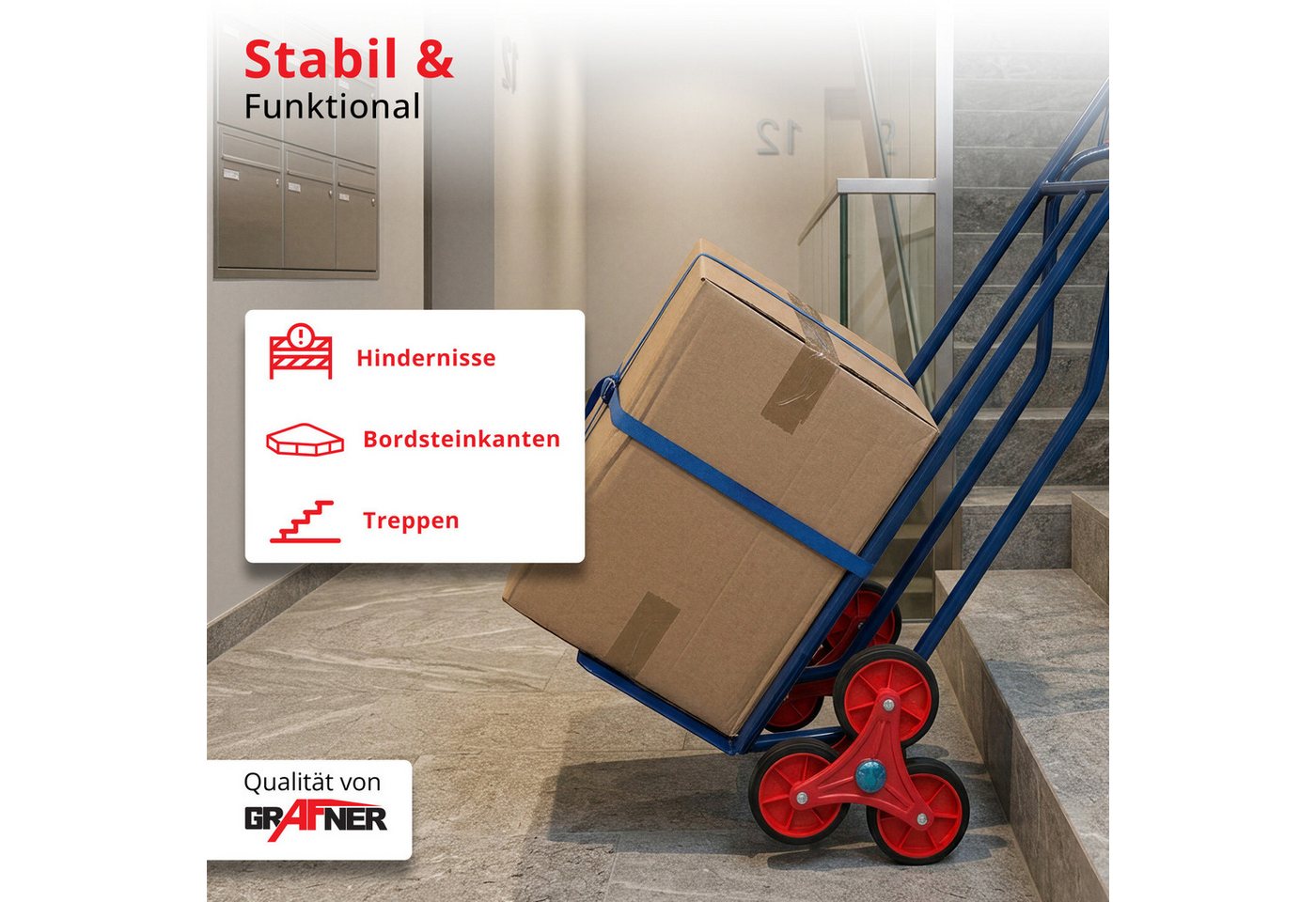 Grafner Treppensackkarre Treppensteiger Sackkarre Transportkarre Handkarre Handwagen, bis 200kg, Treppensteiger, 6 Räder, Stahlrahmen