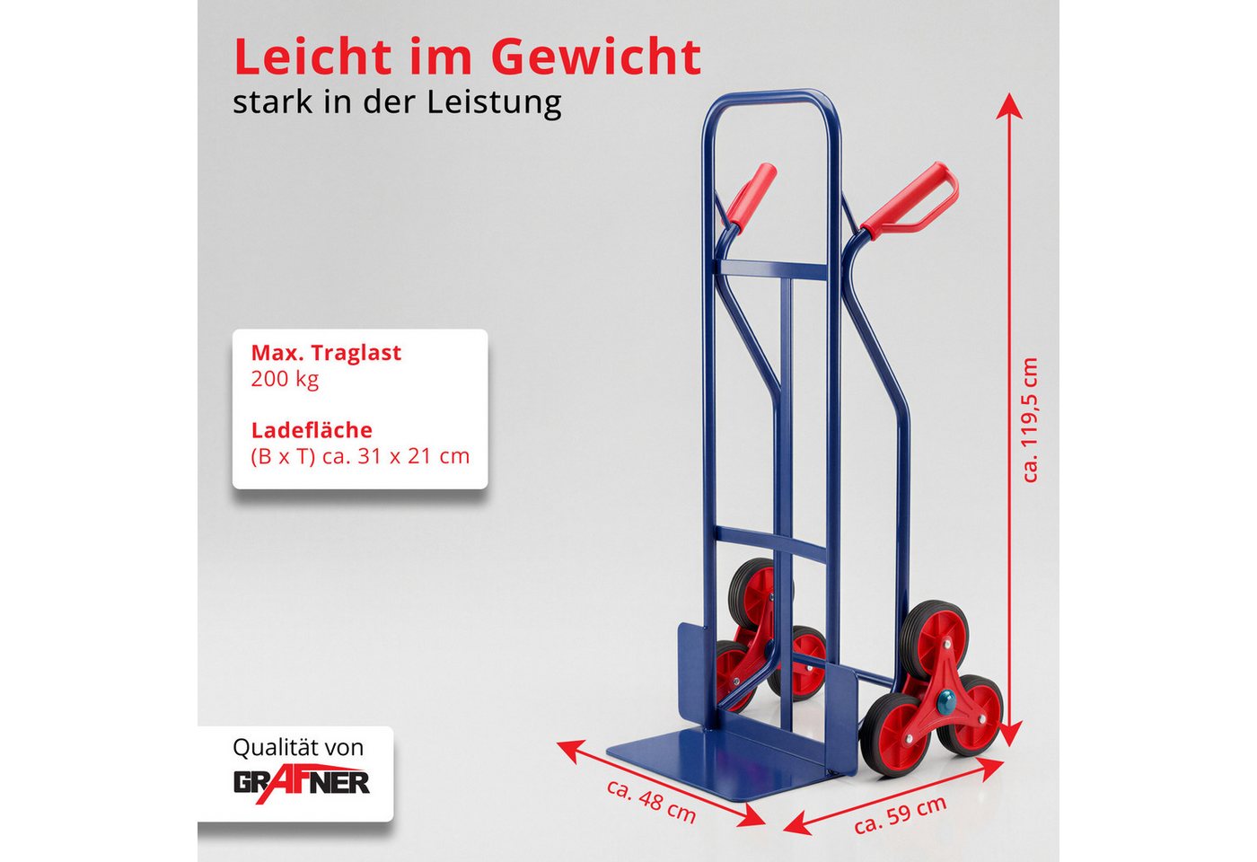Grafner Treppensackkarre Treppensteiger Sackkarre Transportkarre Handkarre Handwagen, bis 200kg, Treppensteiger, 6 Räder, Stahlrahmen Bild 2