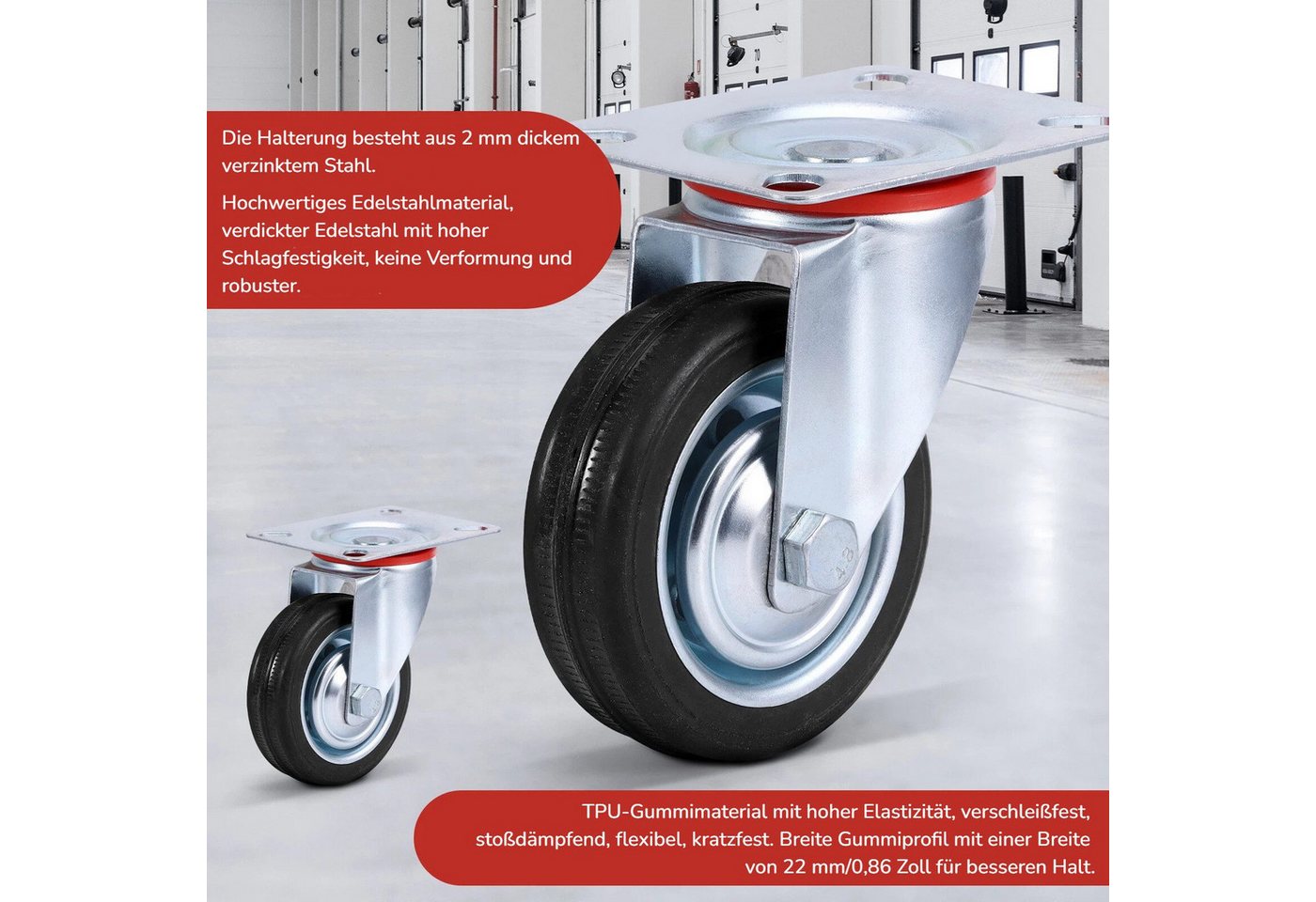 BlingBin Schwerlastrolle 4er Set drehbare Vollgummi-Rollen mit Bremse 100-200 mm, (4er Set, 4-St., Spezifikation: 5 Zoll Raddurchmesser: 125 mm, Tragkraft bis 1000kg), mit Kugellager für Werkzeugwagen, Paletten und Möbel