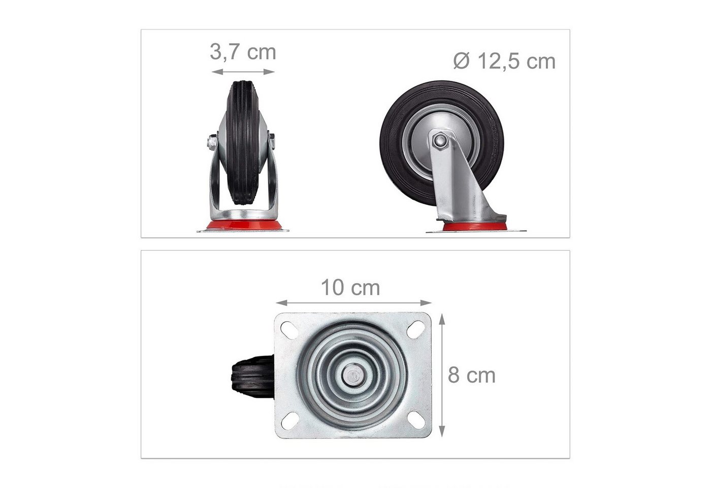 BlingBin Schwerlastrolle 4er Set drehbare Vollgummi-Rollen mit Bremse 100-200 mm, (4er Set, 4-St., Spezifikation: 5 Zoll Raddurchmesser: 125 mm, Tragkraft bis 1000kg), mit Kugellager für Werkzeugwagen, Paletten und Möbel Bild 2