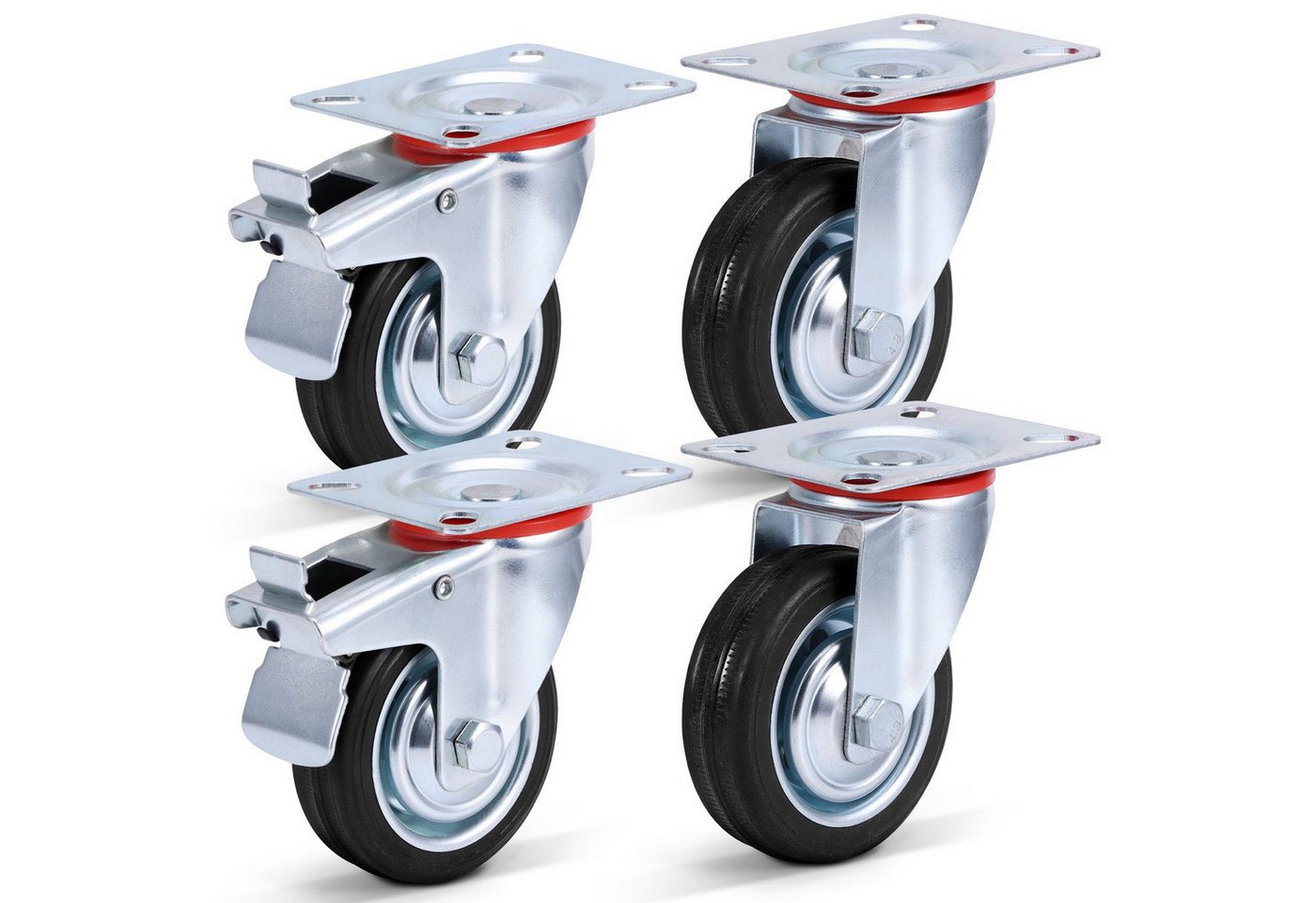 BlingBin Schwerlastrolle 4er Set drehbare Vollgummi-Rollen mit Bremse 100-200 mm, (4er Set, 4-St., Spezifikation: 5 Zoll Raddurchmesser: 125 mm, Tragkraft bis 1000kg), mit Kugellager für Werkzeugwagen, Paletten und Möbel Bild 3