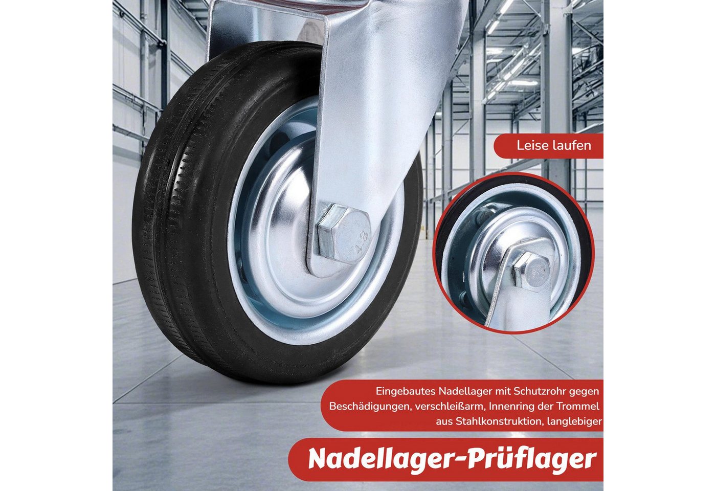 BlingBin Schwerlastrolle 4er Set drehbare Vollgummi-Rollen mit Bremse 100-200 mm, (4er Set, 4-St., Spezifikation: 5 Zoll Raddurchmesser: 125 mm, Tragkraft bis 1000kg), mit Kugellager für Werkzeugwagen, Paletten und Möbel Bild 5