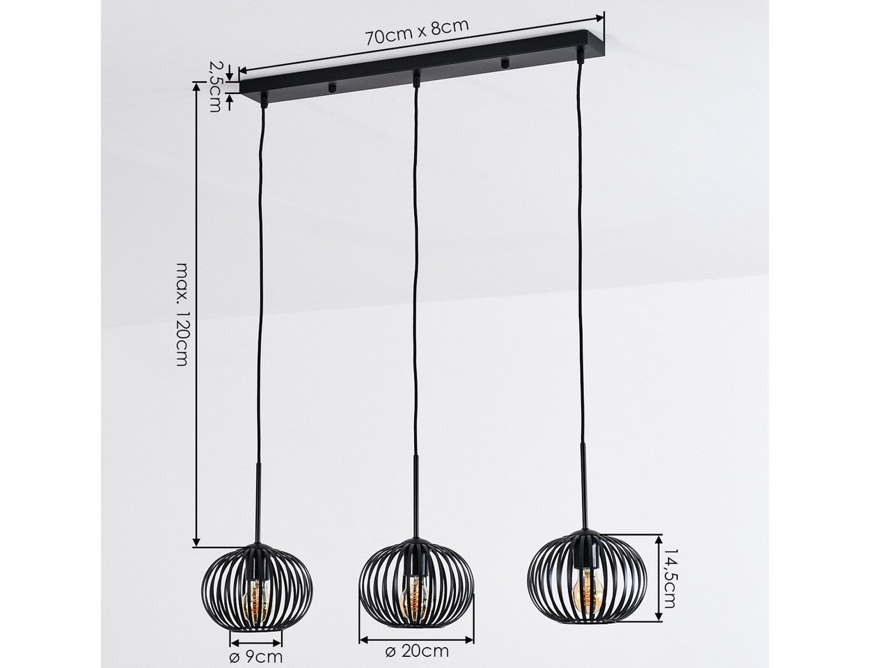 hofstein Hängeleuchte Hängelampe aus Metall in Schwarz, Pendelleuchte im Retro/Vintage-Design (Schirme Ø 20 cm), 3 x E27 Bild 3