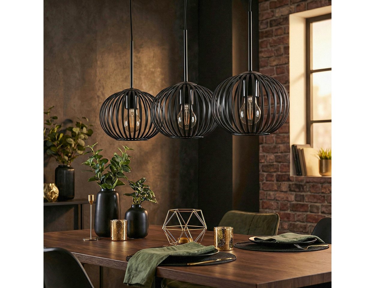 hofstein Hängeleuchte Hängelampe aus Metall in Schwarz, Pendelleuchte im Retro/Vintage-Design (Schirme Ø 20 cm), 3 x E27 Bild 5