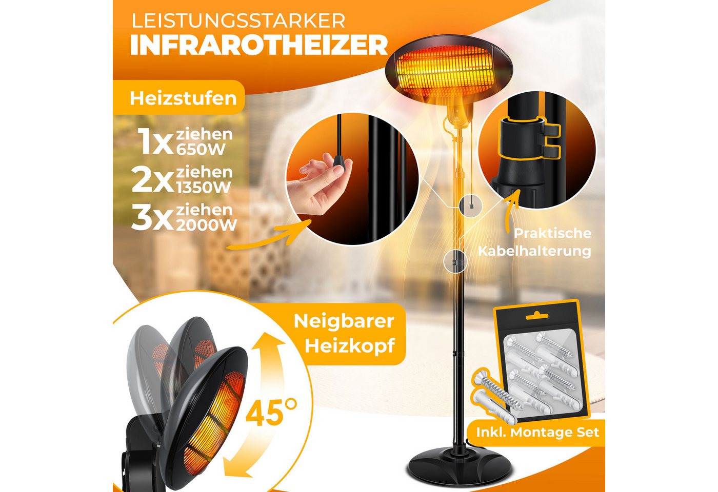 KESSER Heizstrahler Infrarot Heizung Wand + Standgerät höhenverstellbar In- & Outdoor, 2000 W, Wärmestrahler mit Kippschutz, IPX4-Spritzwasserschutz & 3 Heizstufen