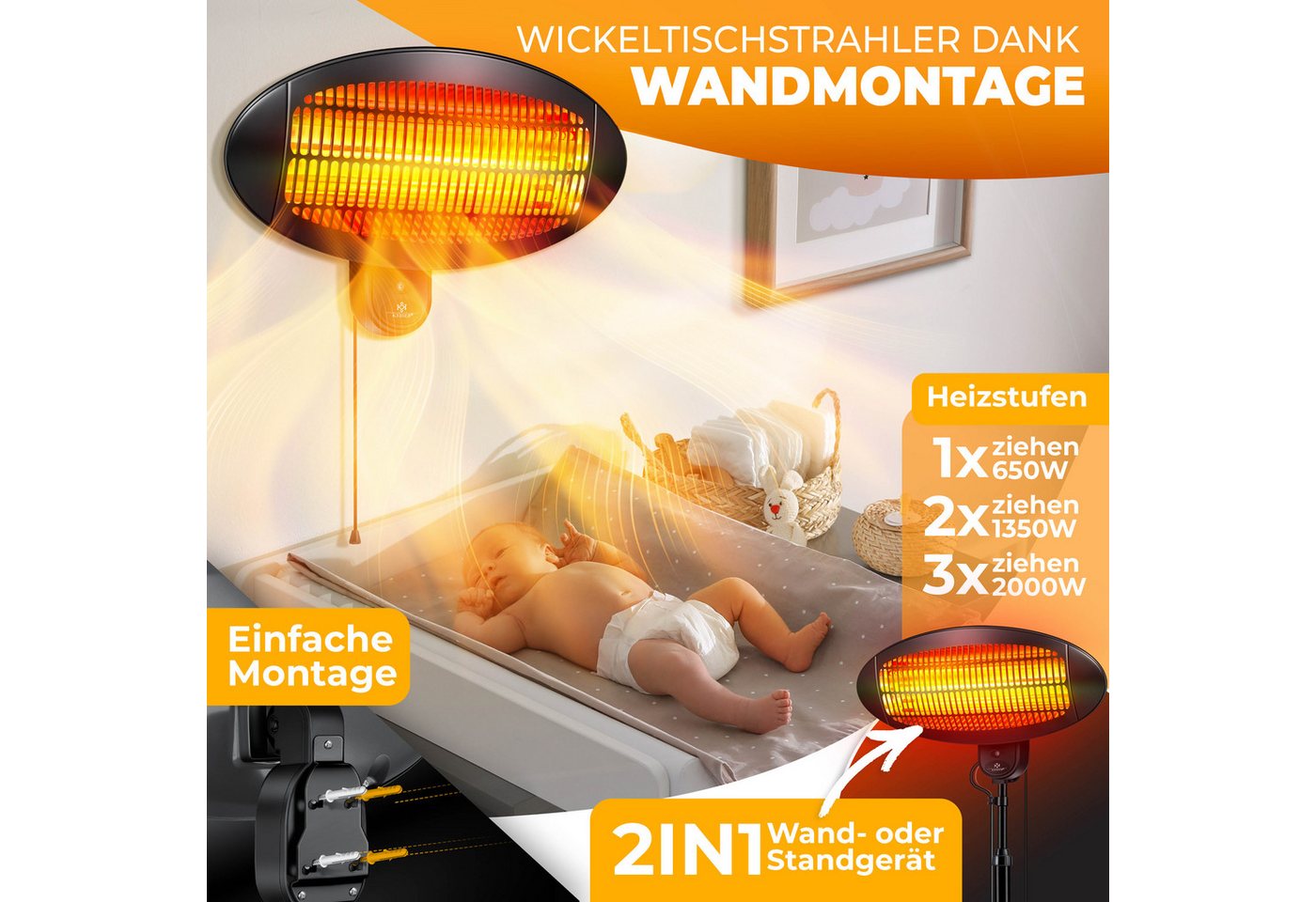 KESSER Heizstrahler Infrarot Heizung Wand + Standgerät höhenverstellbar In- & Outdoor, 2000 W, Wärmestrahler mit Kippschutz, IPX4-Spritzwasserschutz & 3 Heizstufen Bild 4