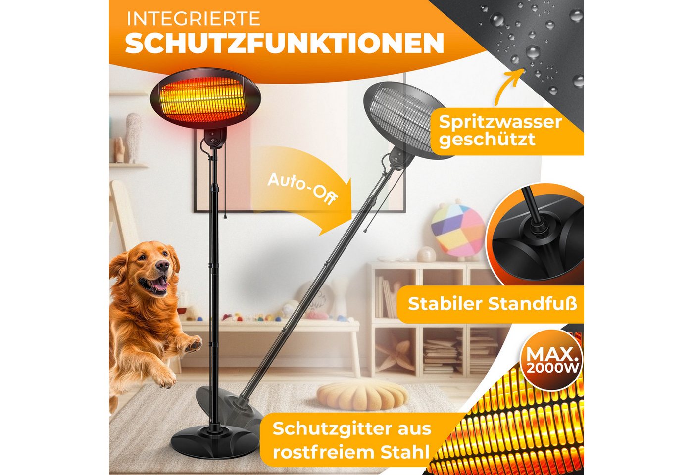 KESSER Heizstrahler Infrarot Heizung Wand + Standgerät höhenverstellbar In- & Outdoor, 2000 W, Wärmestrahler mit Kippschutz, IPX4-Spritzwasserschutz & 3 Heizstufen Bild 5