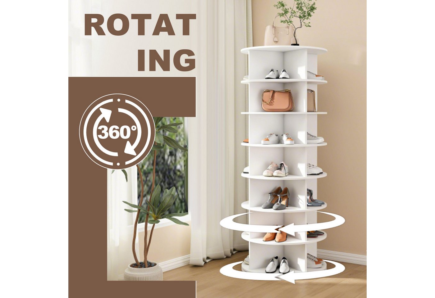 Odikalo Schuhregal 6-stöckiges Schuhständer, drehbar, 6-stöckiges drehbares Schuhregal mit 360° Drehfunktion für 24 Paar Schuhe, extra hoher Boden für Stiefel, Farbe Weiß, 60x60x161 cm