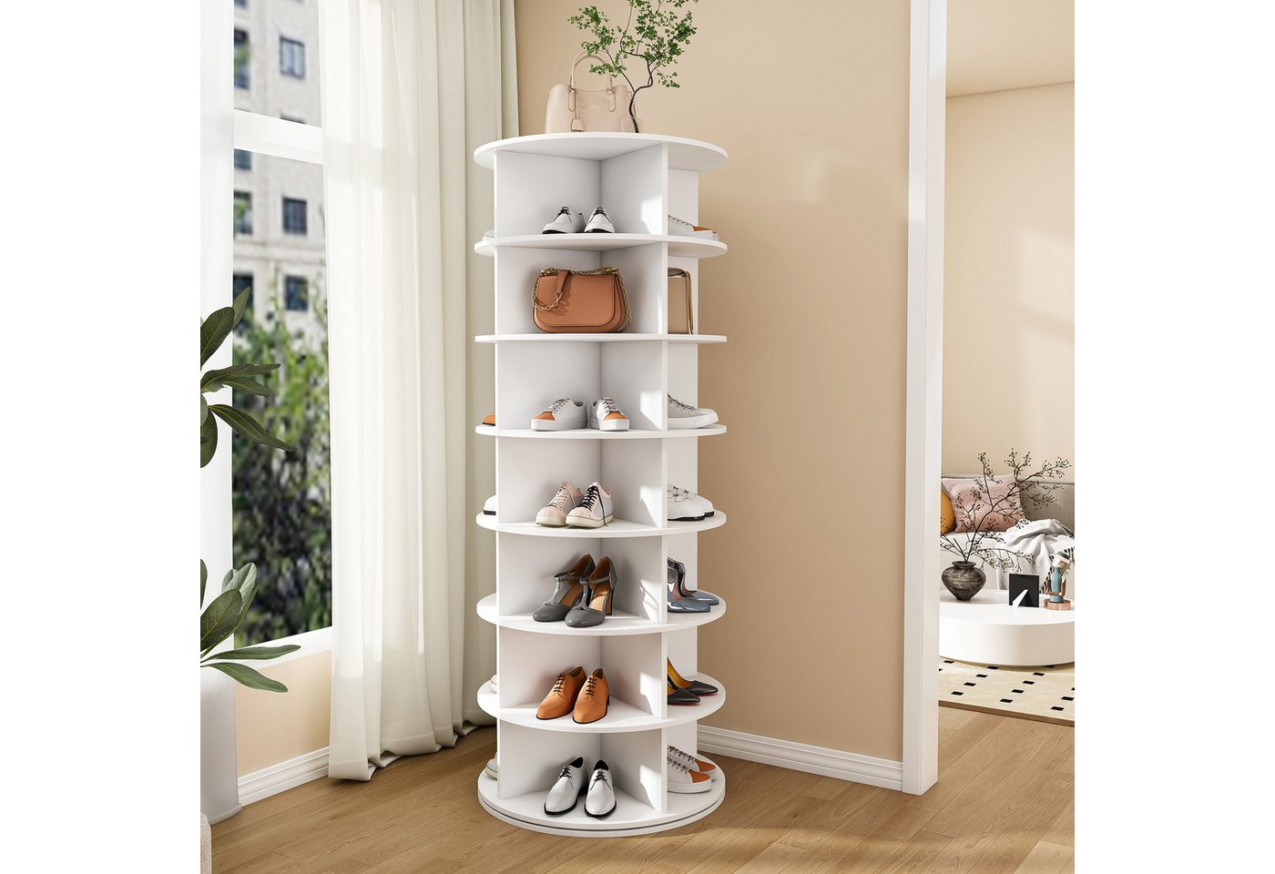 Odikalo Schuhregal 6-stöckiges Schuhständer, drehbar, 6-stöckiges drehbares Schuhregal mit 360° Drehfunktion für 24 Paar Schuhe, extra hoher Boden für Stiefel, Farbe Weiß, 60x60x161 cm Bild 2