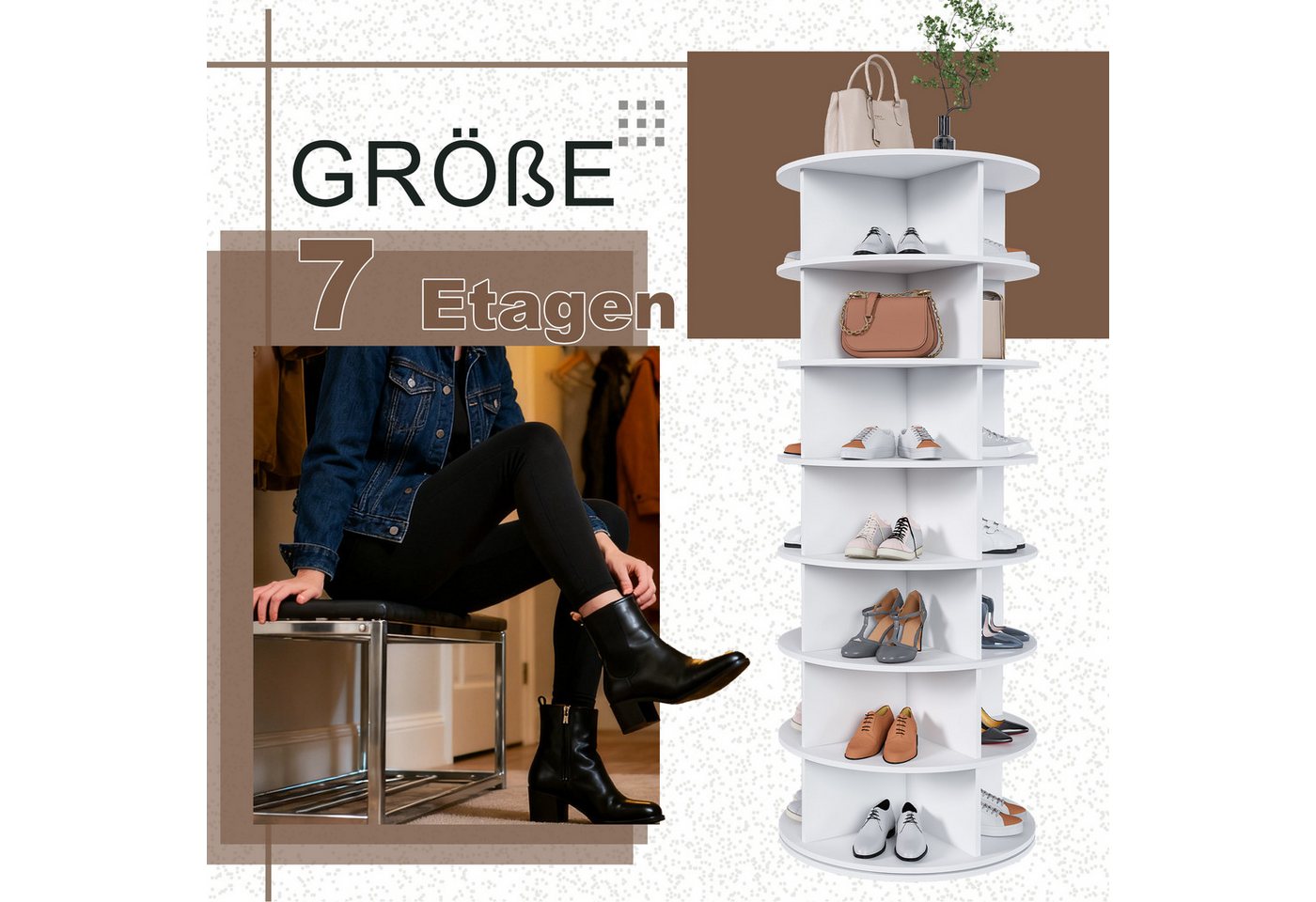 Odikalo Schuhregal 6-stöckiges Schuhständer, drehbar, 6-stöckiges drehbares Schuhregal mit 360° Drehfunktion für 24 Paar Schuhe, extra hoher Boden für Stiefel, Farbe Weiß, 60x60x161 cm Bild 3