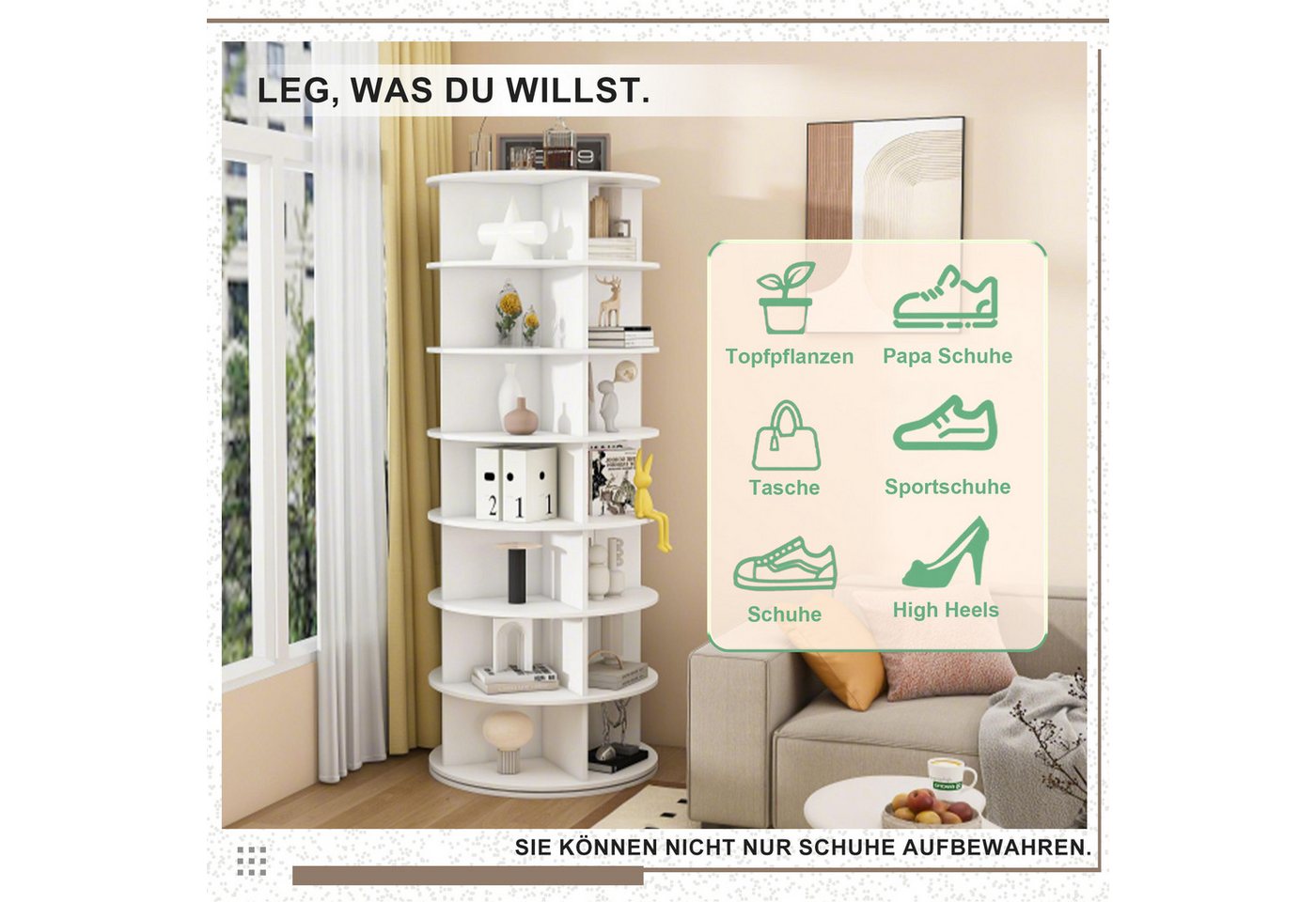 Odikalo Schuhregal 6-stöckiges Schuhständer, drehbar, 6-stöckiges drehbares Schuhregal mit 360° Drehfunktion für 24 Paar Schuhe, extra hoher Boden für Stiefel, Farbe Weiß, 60x60x161 cm Bild 4