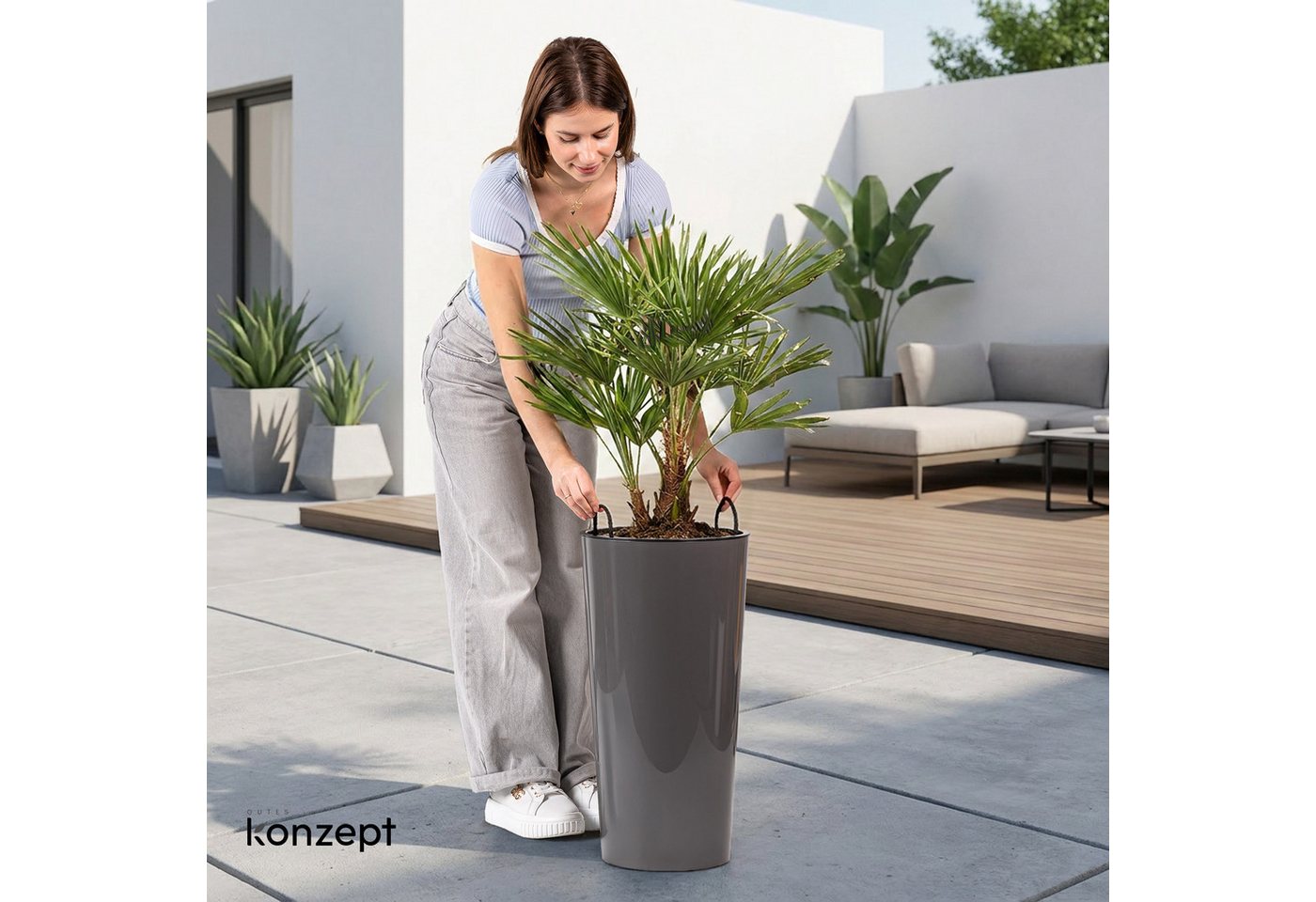 KONZEPT Blumentopf aus Kunststoff, Hochglanz-Oberfläche,hoch 57 cm, Ø 29,5 cm, Einsatz mit Griffen, Indoor, Outdoor, UV- & frostbeständig