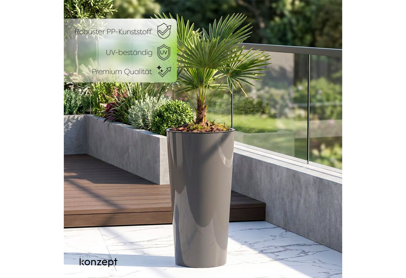 KONZEPT Blumentopf aus Kunststoff, Hochglanz-Oberfläche,hoch 57 cm, Ø 29,5 cm, Einsatz mit Griffen, Indoor, Outdoor, UV- & frostbeständig Bild 5