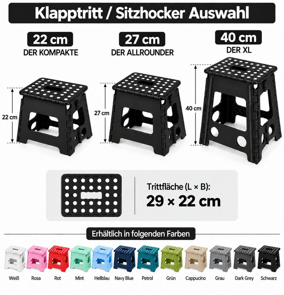 HH-Haushalt Klapptritt Klapphocker, Klapptritt 27 cm faltbar bis 150 kg Grau – Allrounder