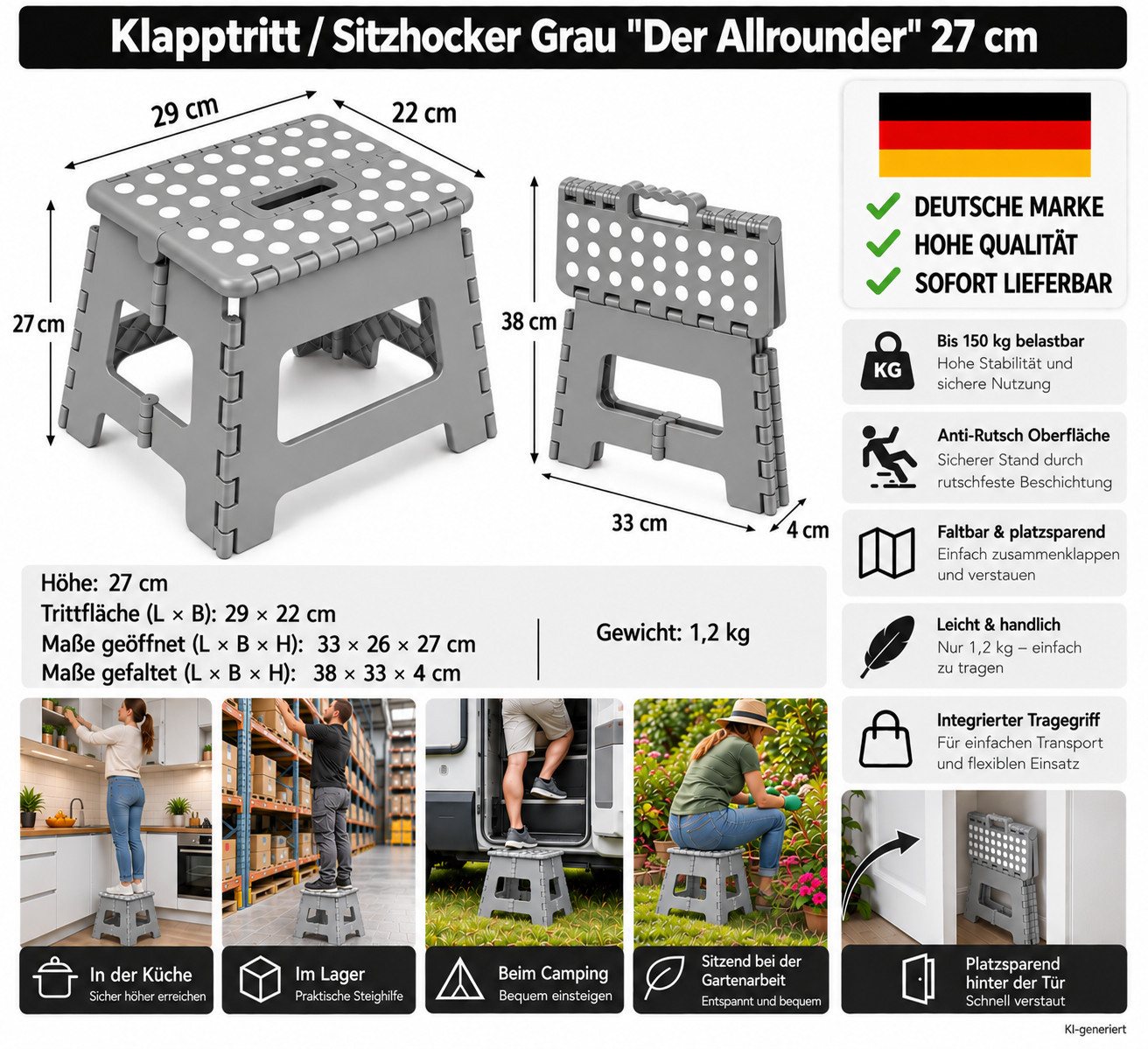 HH-Haushalt Klapptritt Klapphocker, Klapptritt 27 cm faltbar bis 150 kg Grau – Allrounder Bild 4