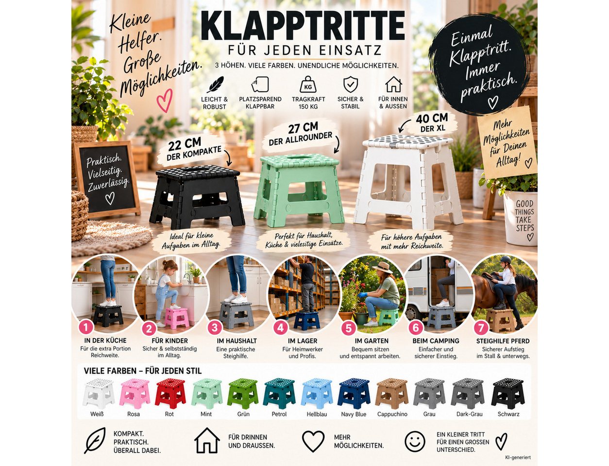 HH-Haushalt Klapptritt Klapphocker, Klapptritt 27 cm faltbar bis 150 kg Grau – Allrounder Bild 5