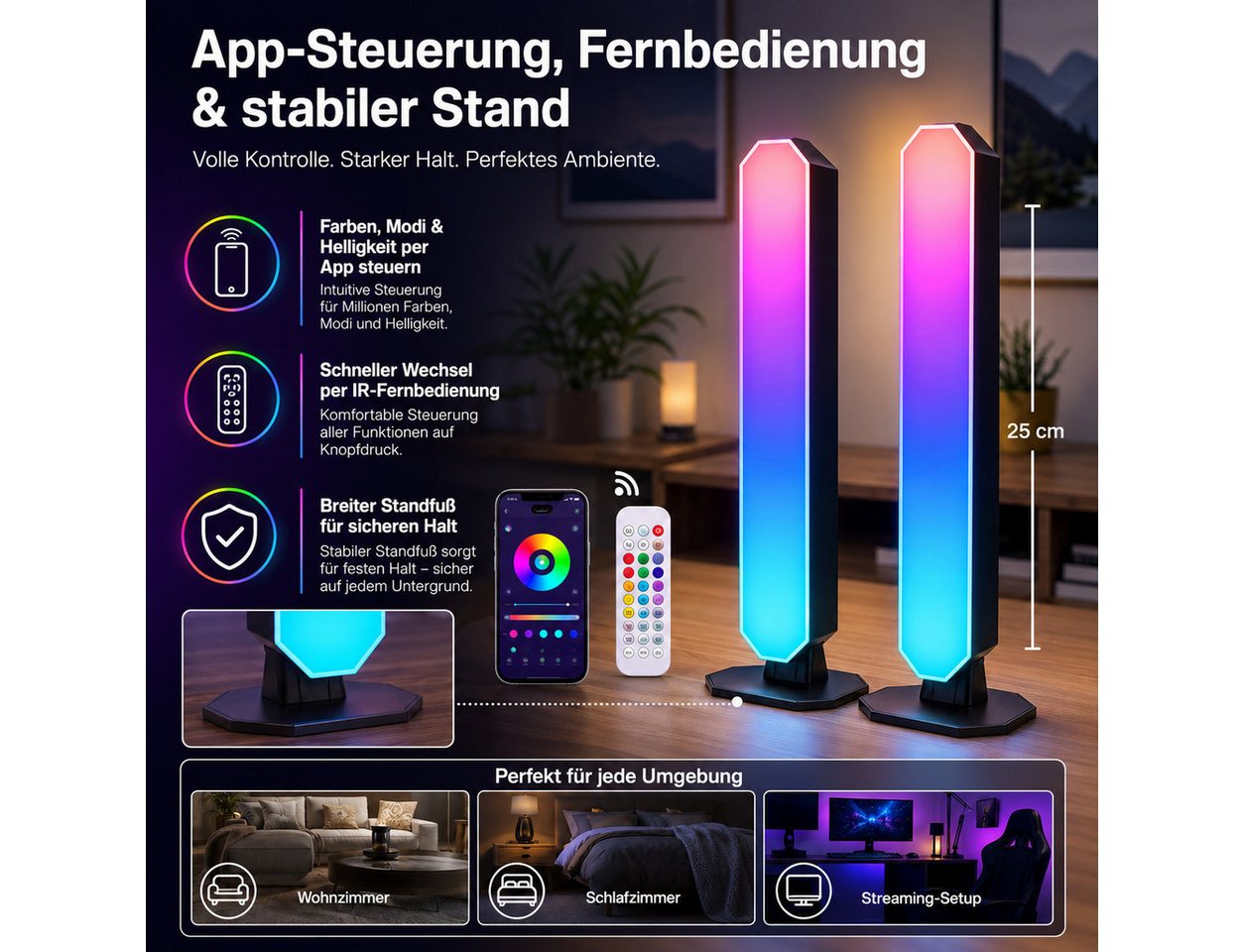 Fyrove LED Stripe LED RGB Lightbar mit App und Fernsteuerung, Musik Sync, Timer, Smart LED-Streifen USB Betrieben Ambient Lightbars 25cm