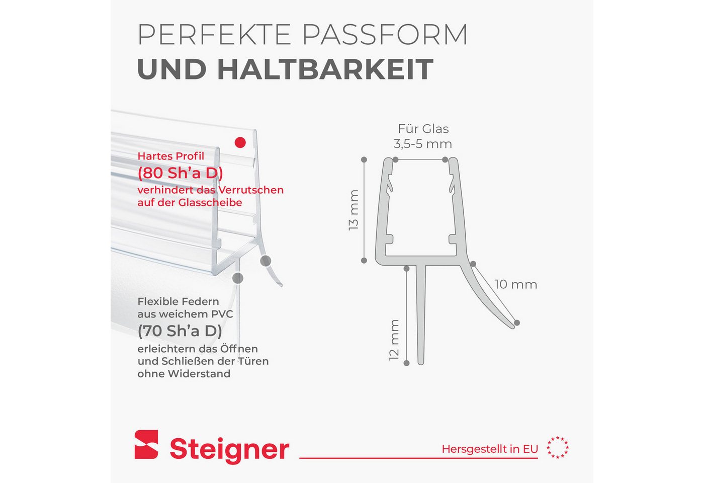 STEIGNER Duschdichtung 2er-Set Duschdichtung gebogen UK13 60cm (2 Stk) - Dusche 3,5-5mm, L: 60 cm, (1 Stück Packung, 2-St., Einzeldichtung), Dichtung für Runddusche oder Duschkabine Viertelkreis