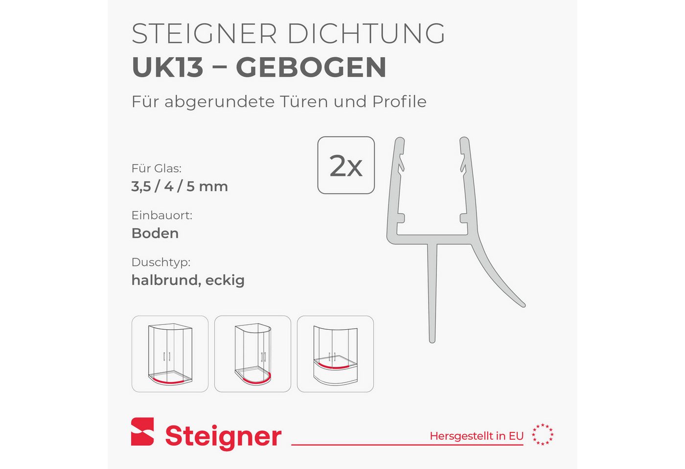 STEIGNER Duschdichtung 2er-Set Duschdichtung gebogen UK13 60cm (2 Stk) - Dusche 3,5-5mm, L: 60 cm, (1 Stück Packung, 2-St., Einzeldichtung), Dichtung für Runddusche oder Duschkabine Viertelkreis Bild 3
