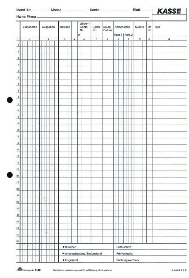 RNK Verlag Formularblock Kassenbuch EDV A4 2x50 Blatt