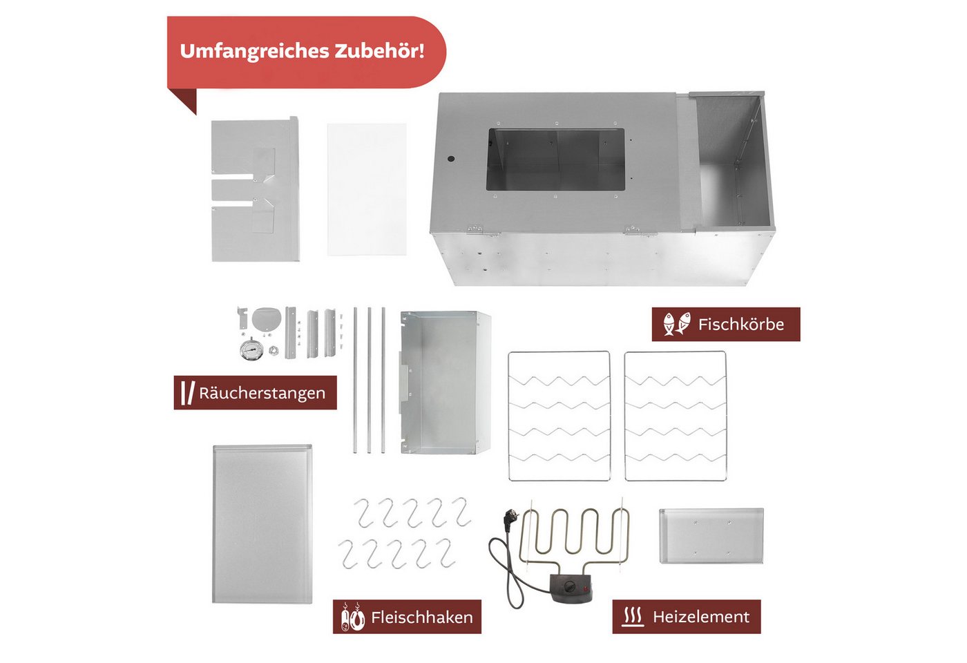 Lemodo Räucherofen Stahl mit 3 Etagen und Heizspirale, 80cm hoch, Räucherschrank, 2000 W, inklusiver Heizspirale 2.000 W Bild 4