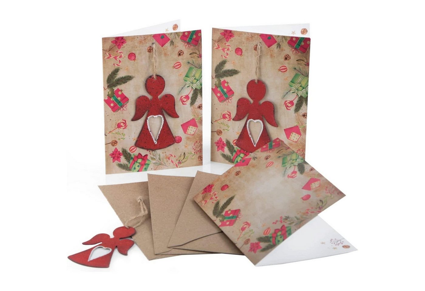 Logbuch-Verlag Klappkarte 3 vintage Weihnachtskarten DIN A6 mit Kuvert + Engel Anhänger