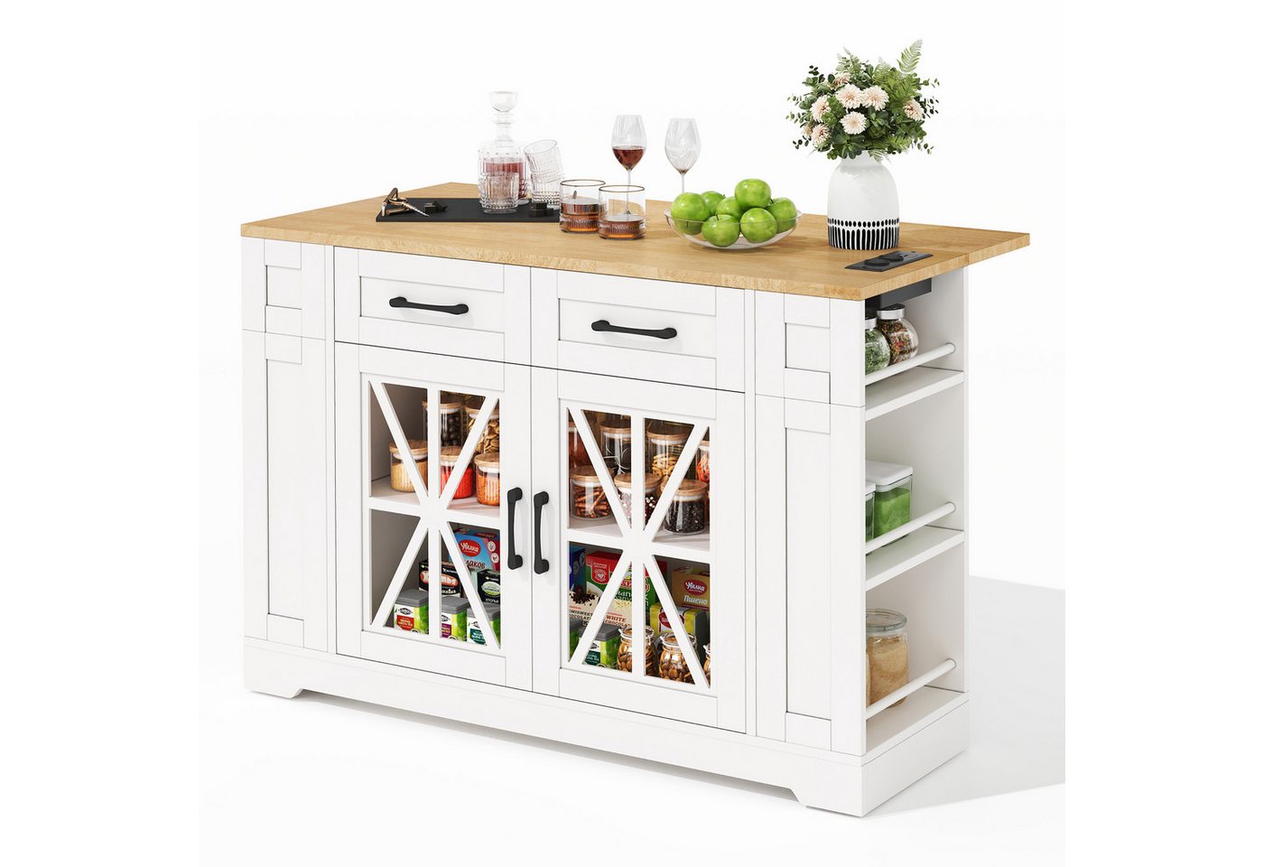 i@home Kücheninsel mit klappbarer Arbeitsplatte Esstisch, 120x70 cm erweiterbar, (4 Türen + 1 Schublade, Mit Gewürzregal & Handtuchhalter), Ideal für kleine Küche, Wohnküche & Esszimmer Bild 2