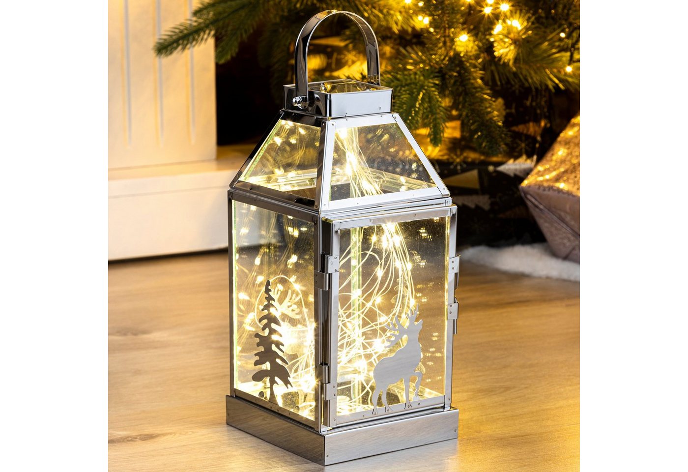 steinwohn LED Dekoobjekt XL LED Weihnachts-Laterne mit 60 warm-weiße LED, LED fest integriert, 13,5 x 29 x 14cm, aus Edelstahl und Glas Bild 2