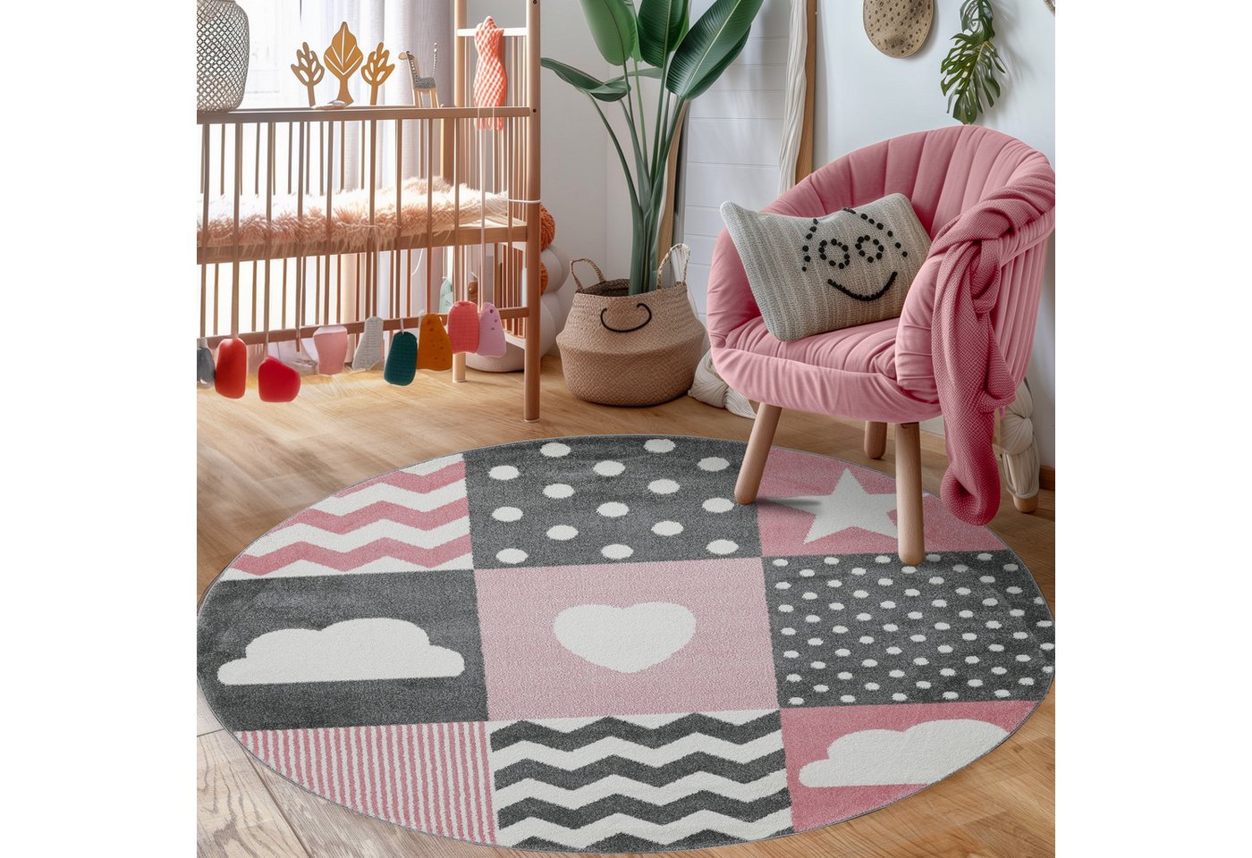 Carpettex Kinderteppich Herz- und Stern Design, Läufer, Höhe: 11 mm, Kinderteppich Karo Design Rosa Baby Teppich Kinderzimmer Pflegeleicht