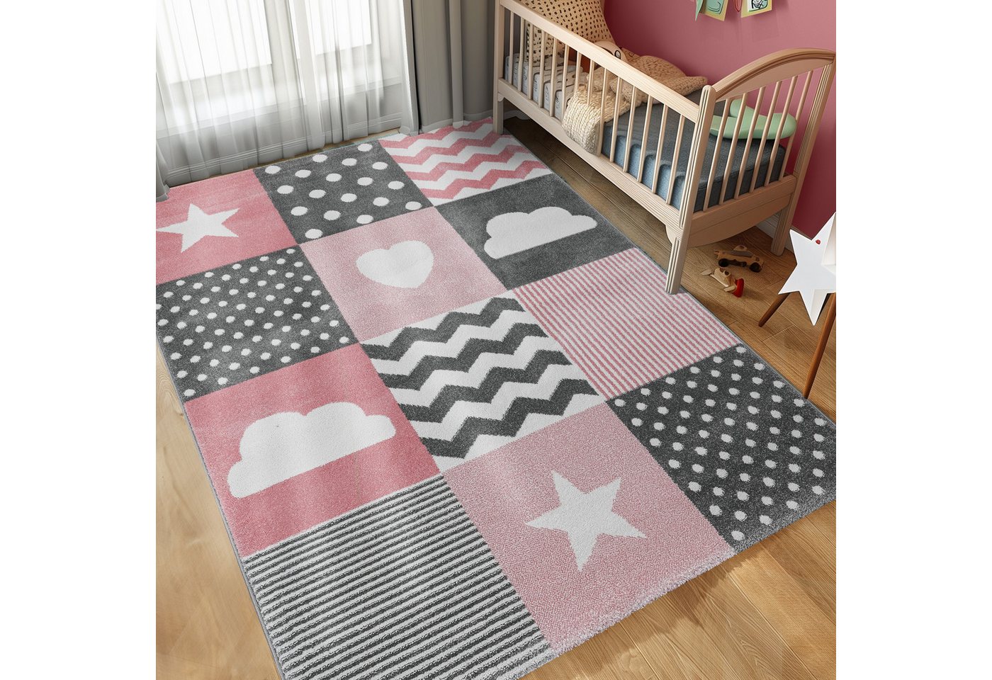 Carpettex Kinderteppich Herz- und Stern Design, Läufer, Höhe: 11 mm, Kinderteppich Karo Design Rosa Baby Teppich Kinderzimmer Pflegeleicht Bild 2