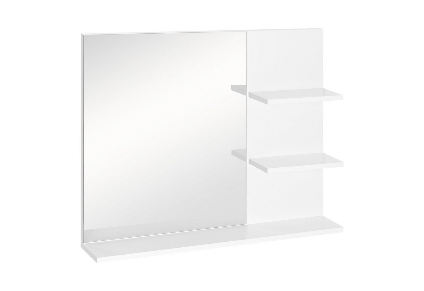 BAYMATE Badspiegel Badezimmerspiegel mit Ablagen – 2 seitliche (Ablagen + große untere Ablage – Montageset inklusive – Weißes MDF)