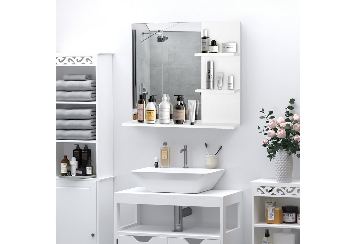 BAYMATE Badspiegel Badezimmerspiegel mit Ablagen – 2 seitliche (Ablagen + große untere Ablage – Montageset inklusive – Weißes MDF) Bild 2