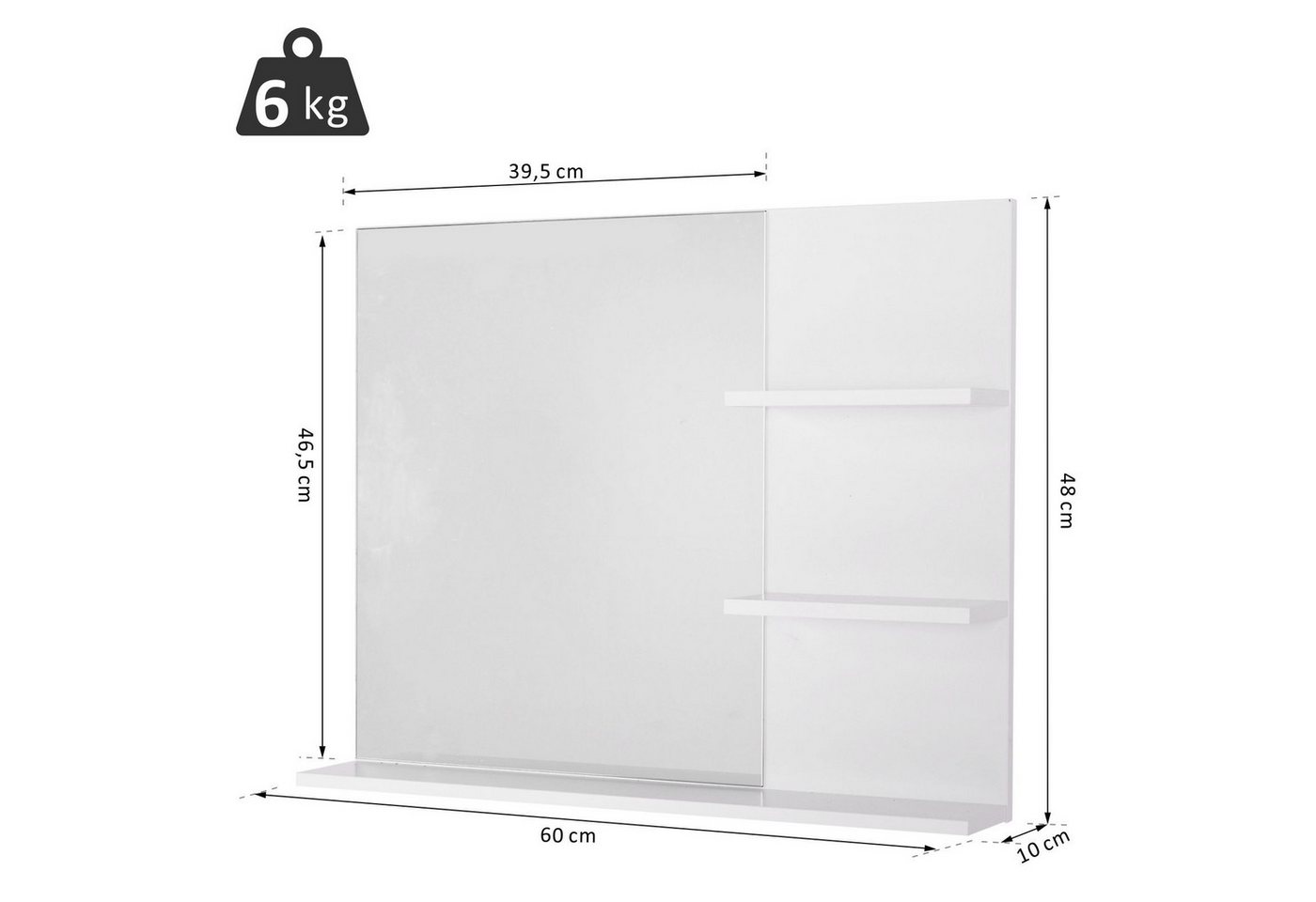 BAYMATE Badspiegel Badezimmerspiegel mit Ablagen – 2 seitliche (Ablagen + große untere Ablage – Montageset inklusive – Weißes MDF) Bild 5