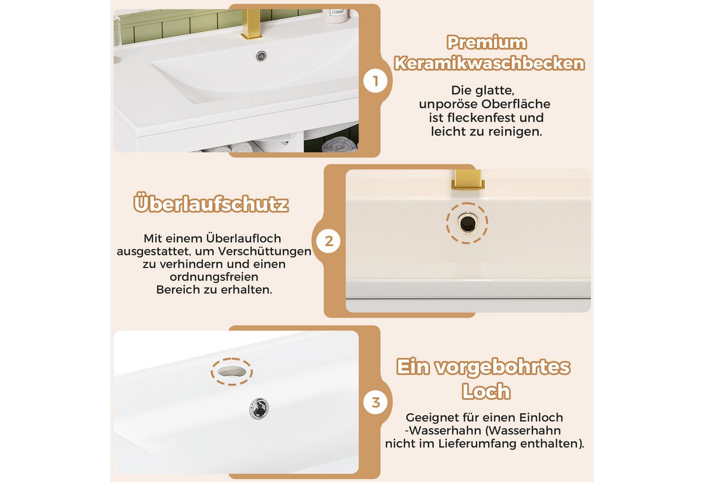 Merax Waschtisch mit LED inkl.APP, Wandhängender Badezimmerschrank mit Waschbecken (76x46x51cm, 1-St., Badmöbel Set ohne Wasserhahn), Badschrank mit 2 Schubladen, 1 Klapptür, 1 Flügeltür & Stauraum Bild 3